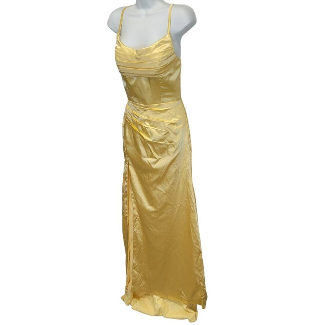 Buttercup Yellow Strappy Halo Dress Scoop Neckline with Corset Back