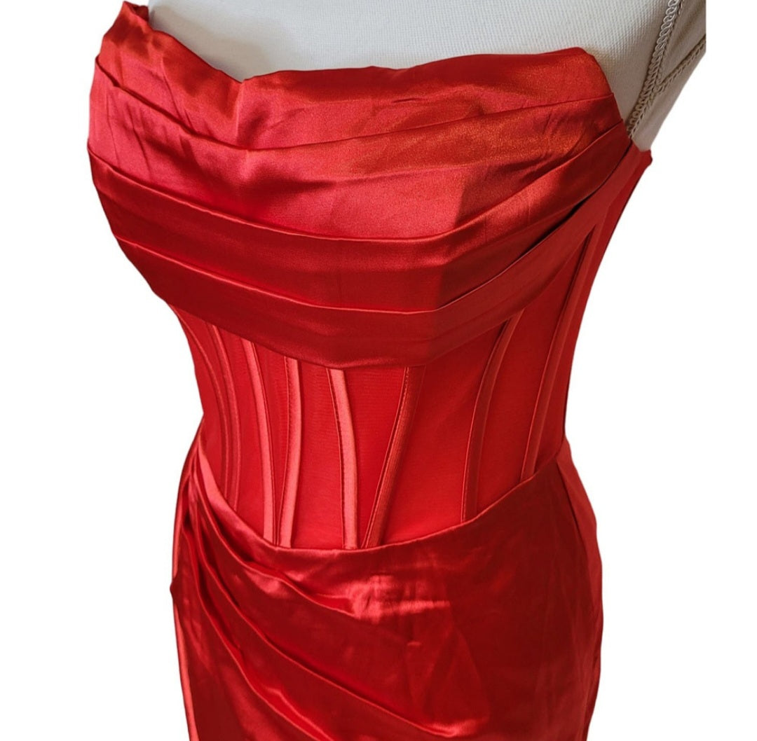 Bright Red Strapless Halo Dress with Structured Bodice and Side Train