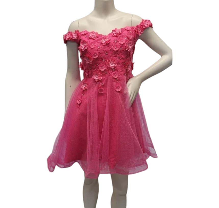 Women's Hot Pink Short Flower Off Shoulder Dress