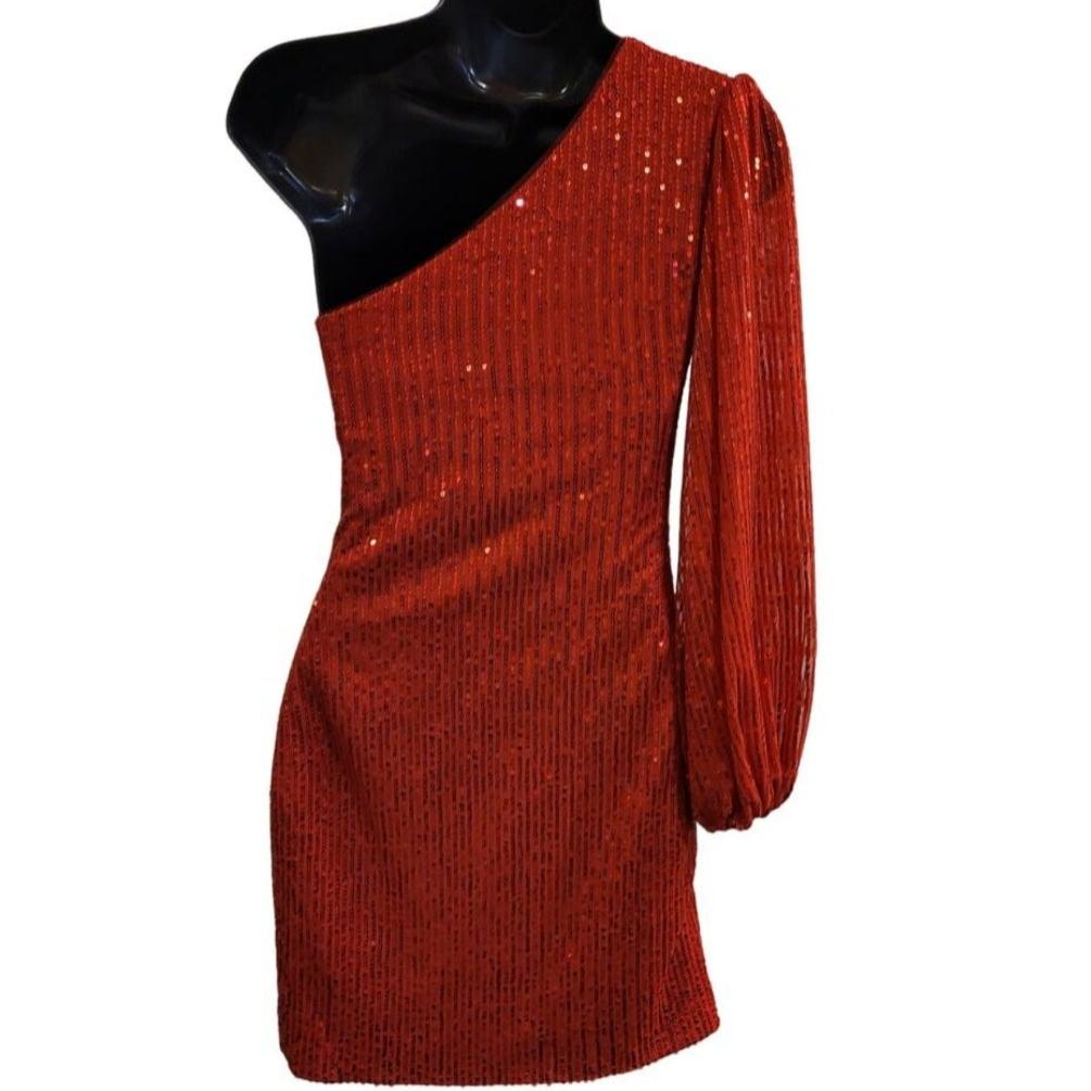 Women's Bright Red Sequin One Long Sleeve Short Dress