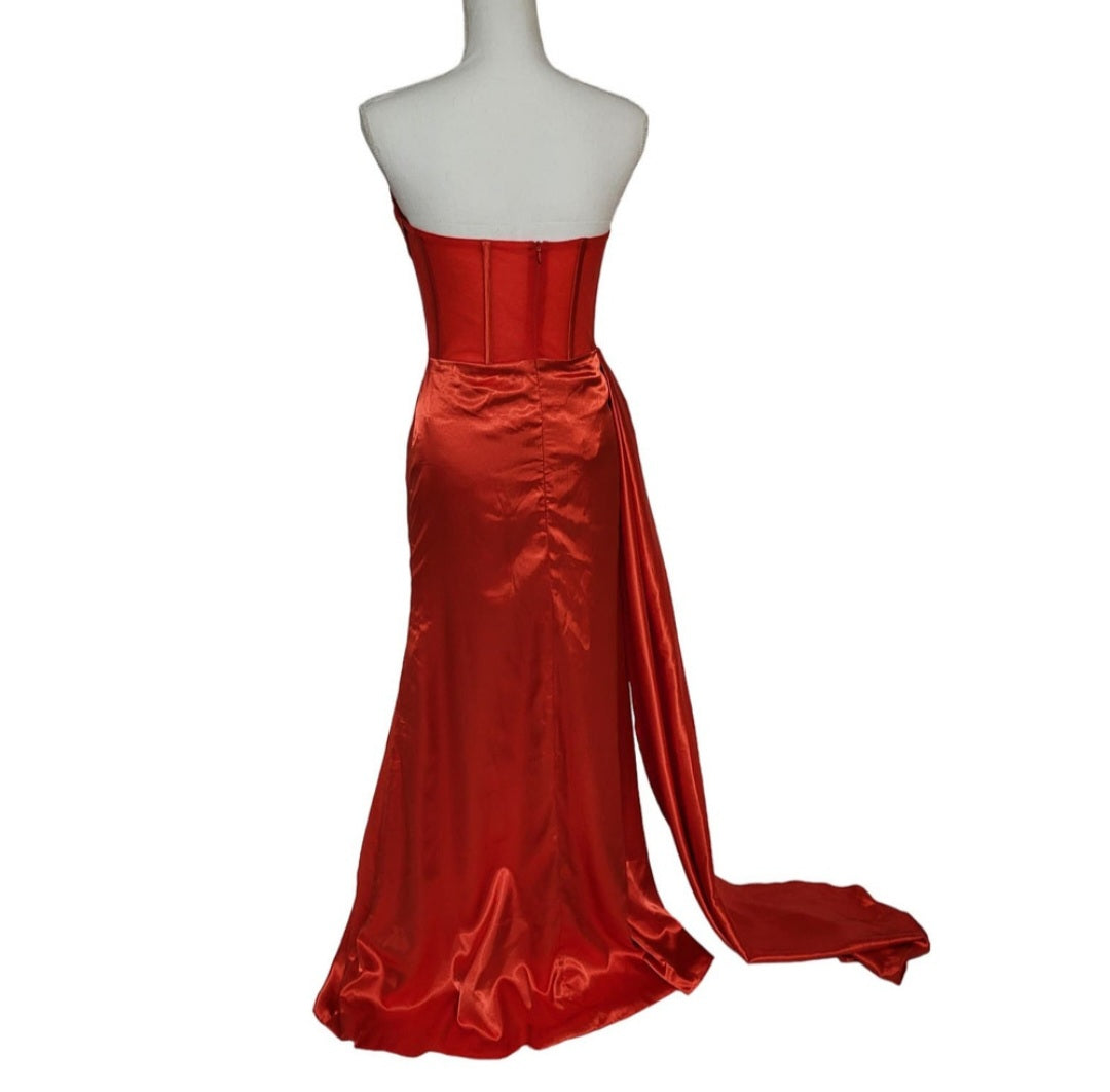 Bright Red Strapless Halo Dress with Structured Bodice and Side Train