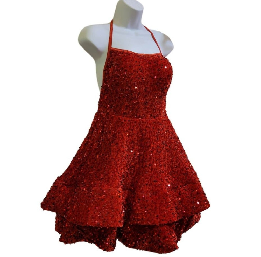 Women's Bright Red Scoop Neck Halter Short Dress