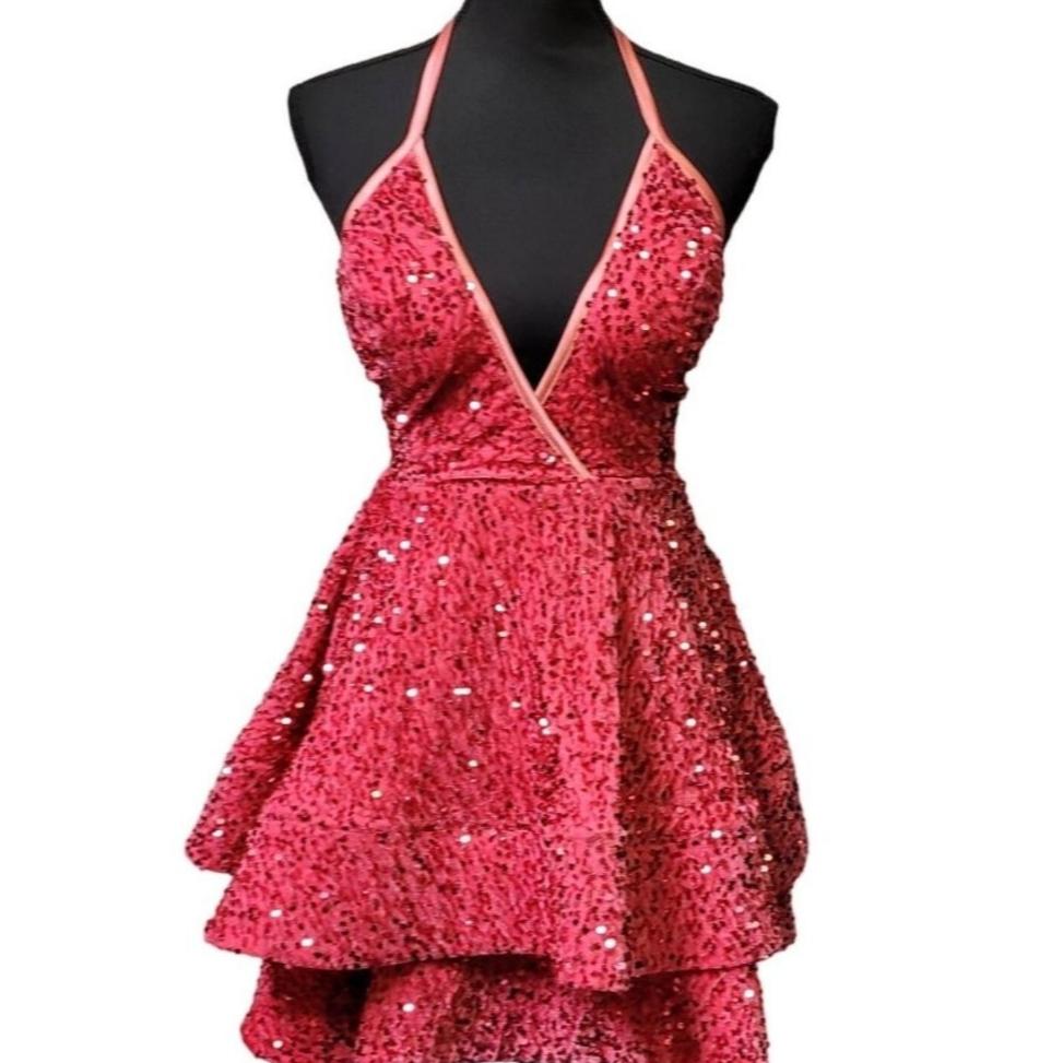 Women's Magenta Pink V Neck Halter Short Dress