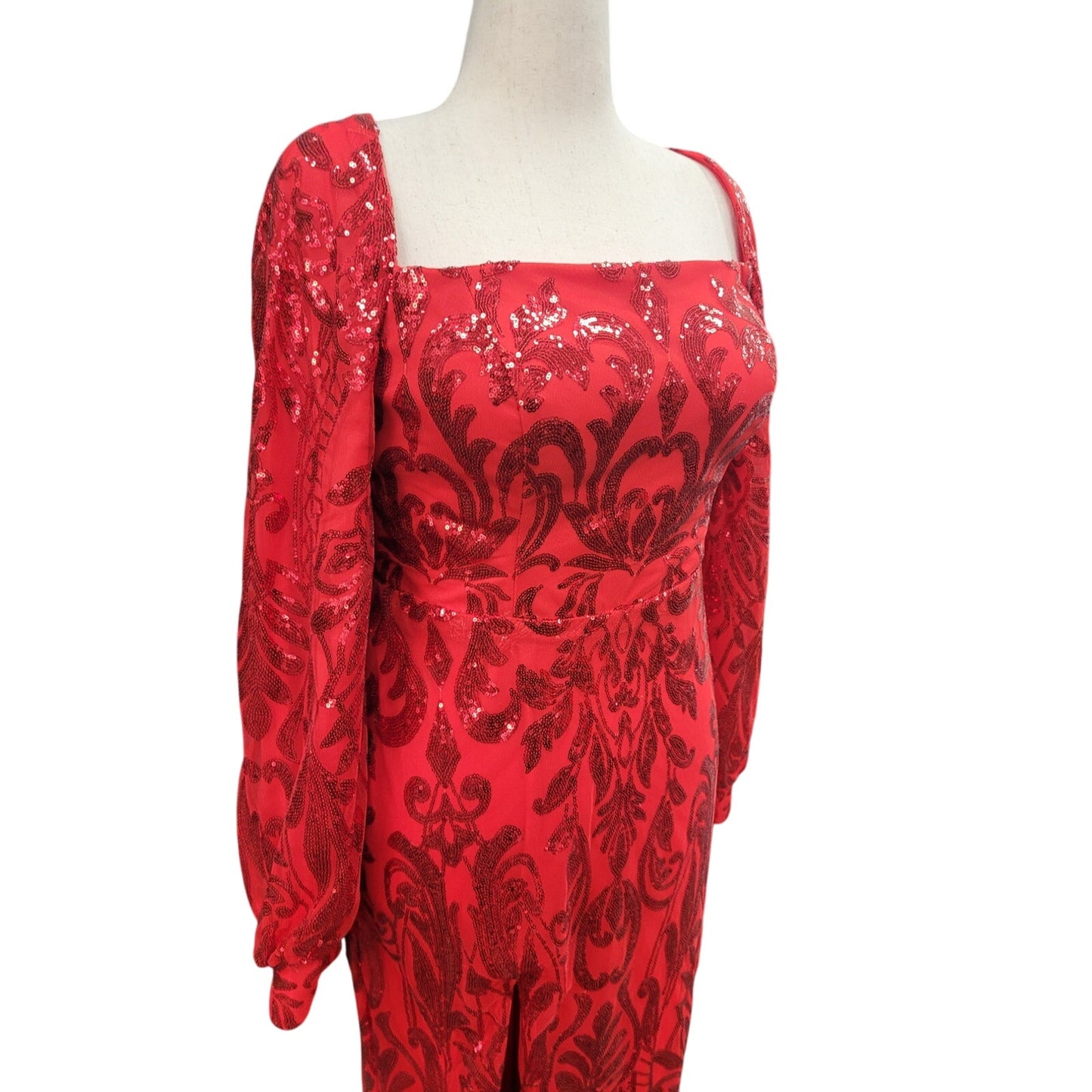 Long Sleeved Patterned Sequin Gown Bright Red Size 12