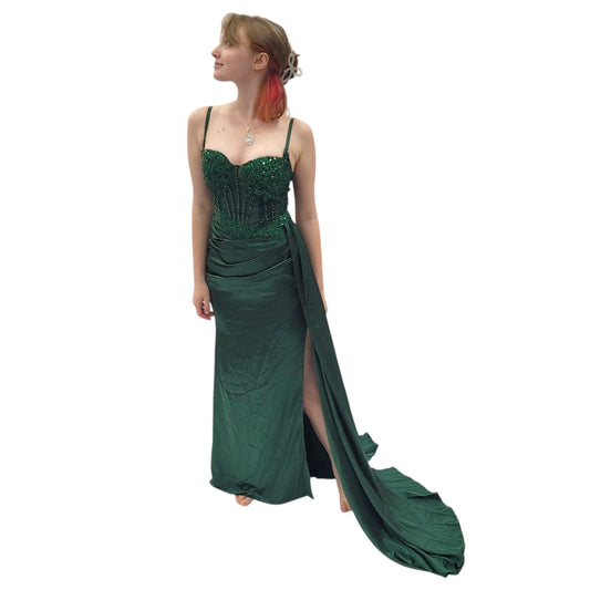 Silky Satin Evening Gown with Detailed Sequin Bodice and Corset Back