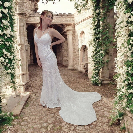 Beautiful Destination Wedding Dress with Rose Design and Low Back