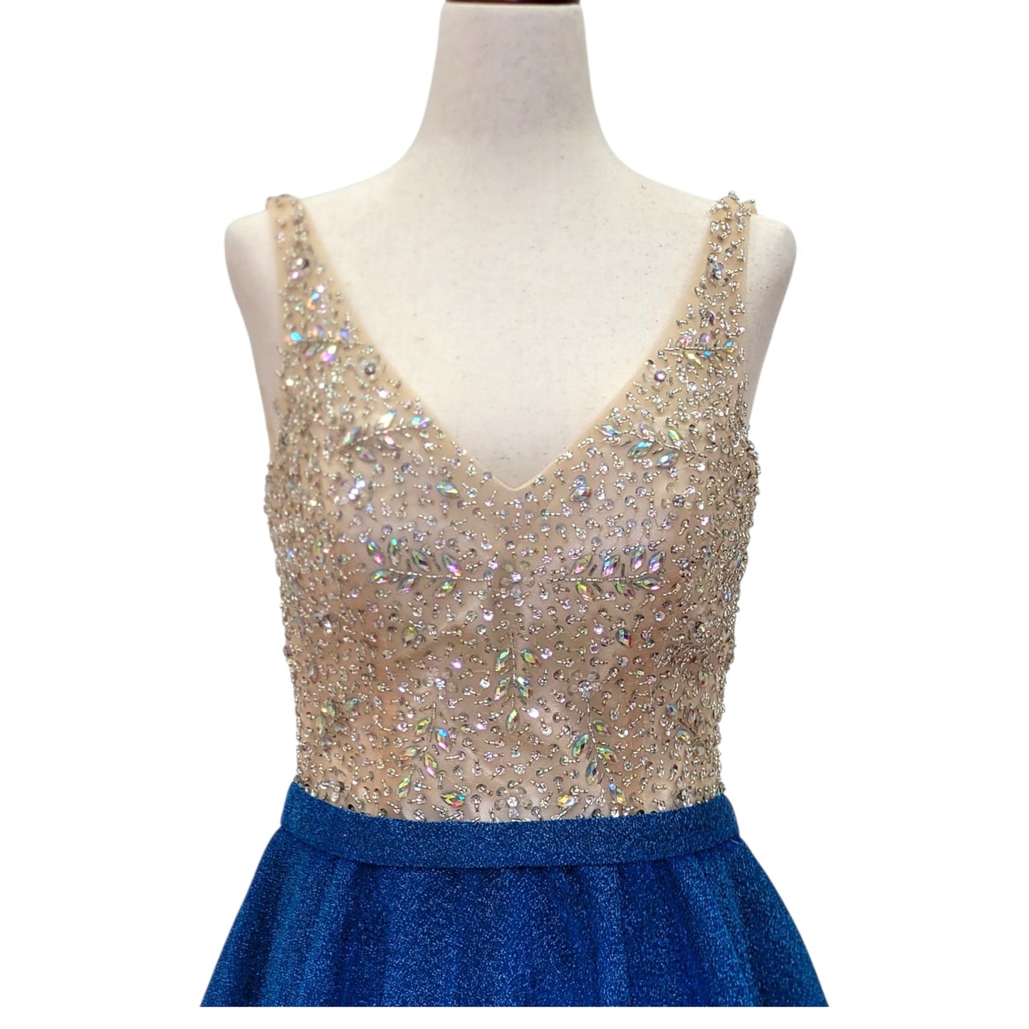 Blue and Gold Short Dress with Beautiful Detailed Gem Bodice