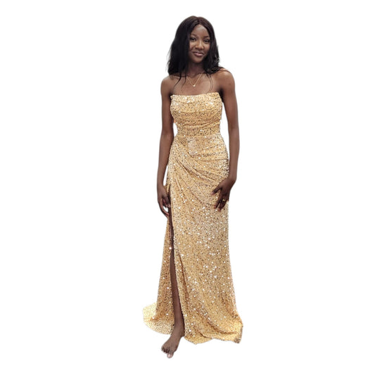 Strapless Sequin Evening Gown with Corset Back and Leg Slit