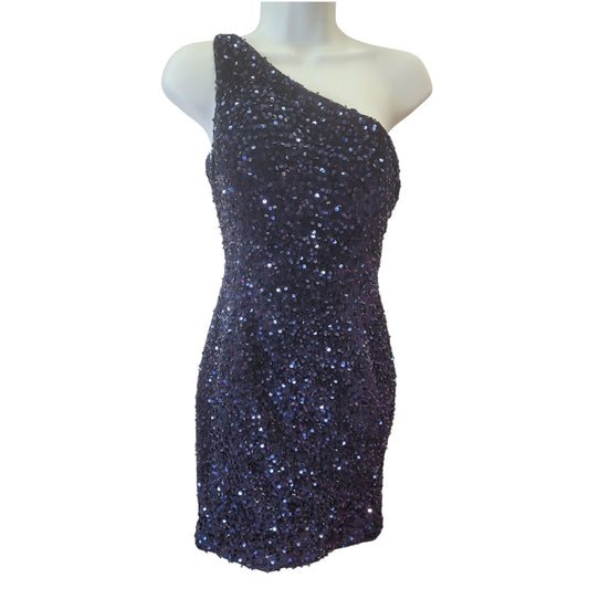Women's Short One Shoulder Strappy Sequin Dress in Navy Blue