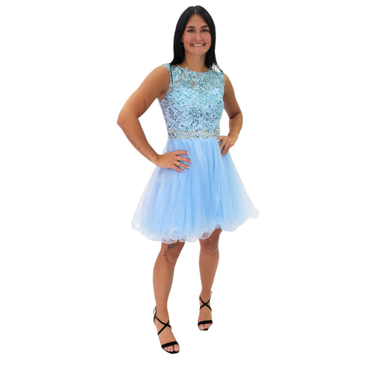 Short Cocktail Dress with Detailed Bodice High Neck and Keyhole Back with Tulle Skirt