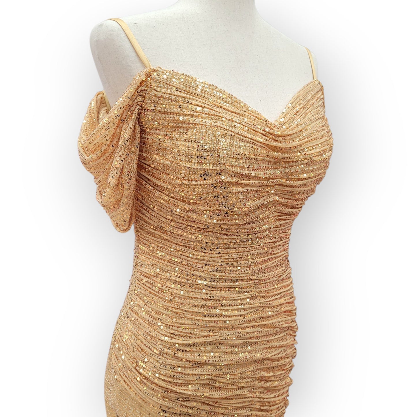 Gold Off-Shoulder Sequin Gown with Ruched Bodice
