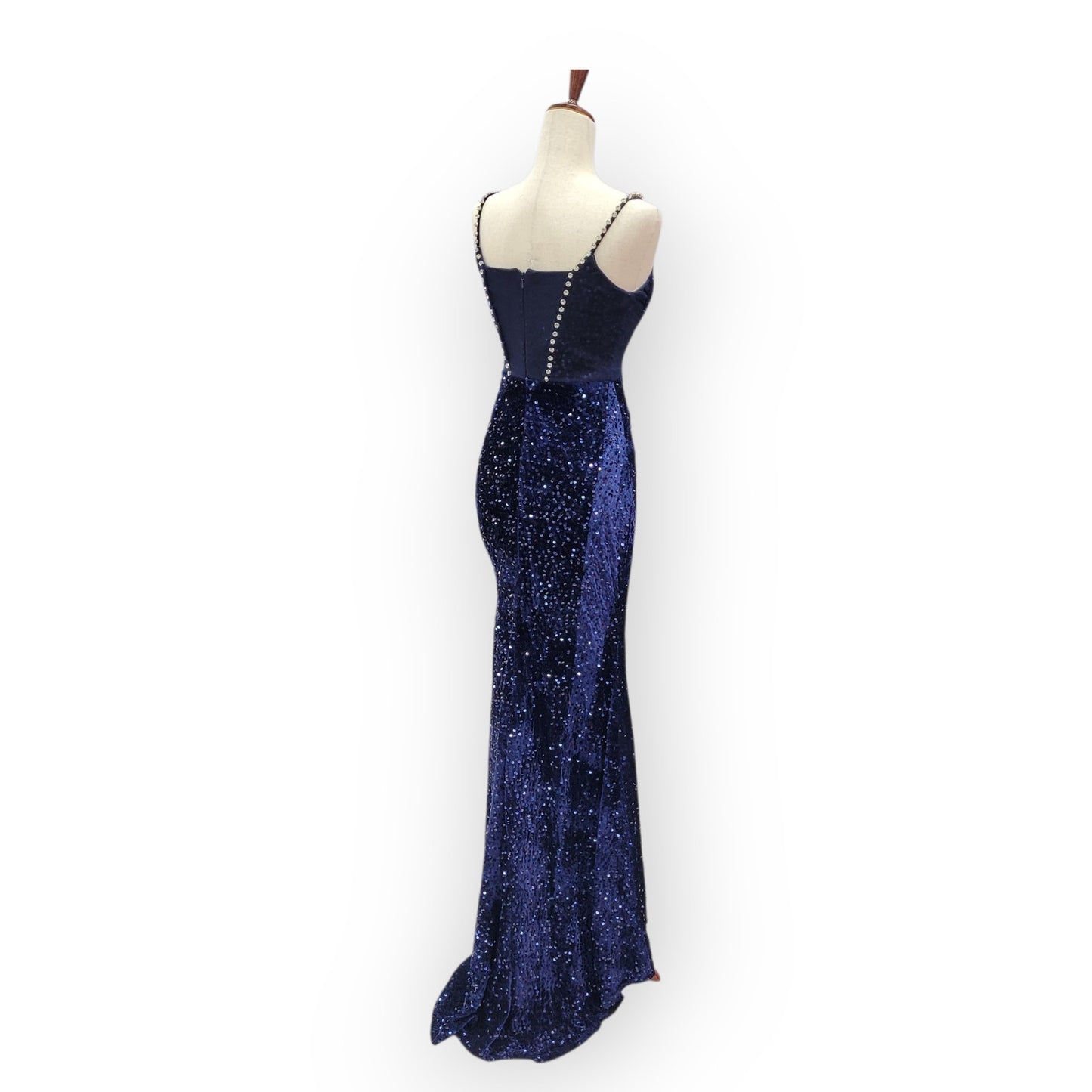 Fitted Navy Blue Sequin Gown with Pearl Detail Bust and Tulle Side Train
