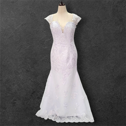 Fit n Flair Wedding Dress with Deep Sweetheart Neckline and Wide Sleeves