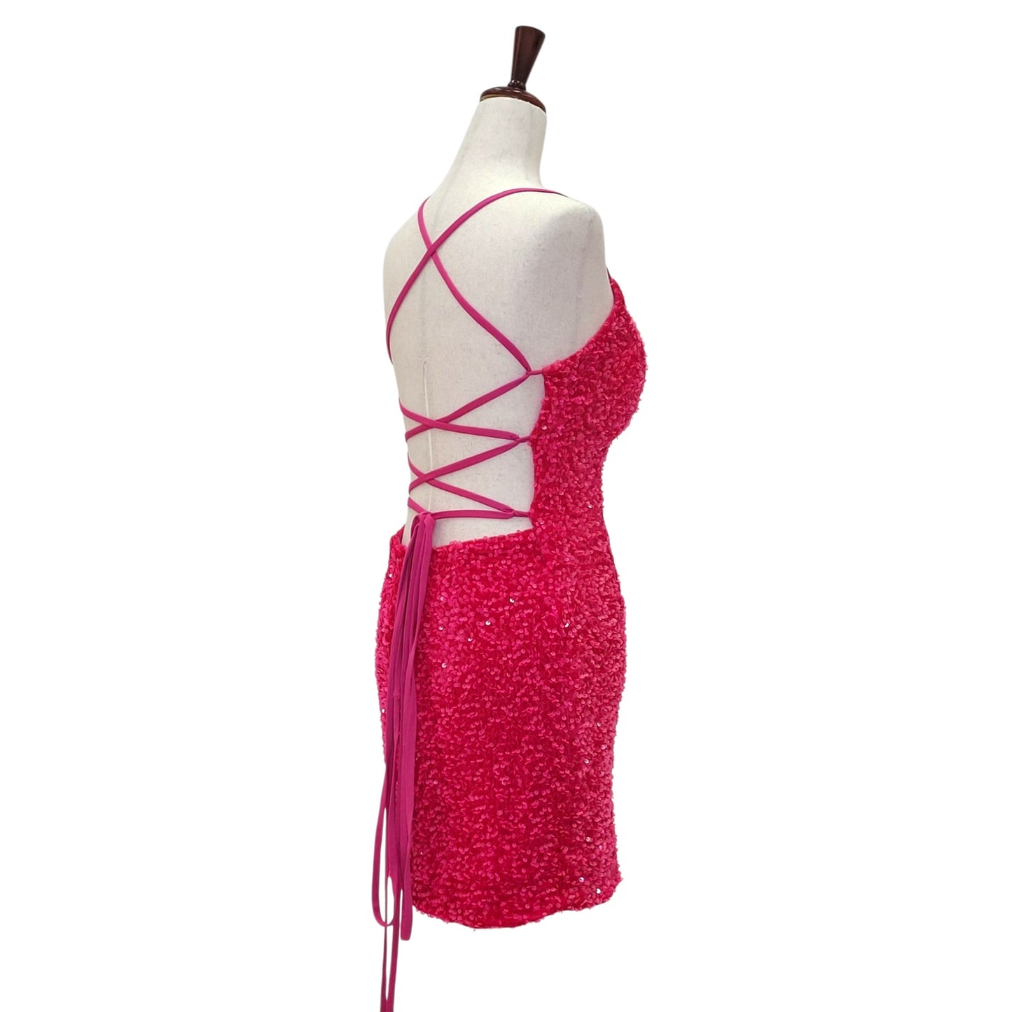Women's Hot Pink Short Sequin Scoop Neck Corset Back Dress