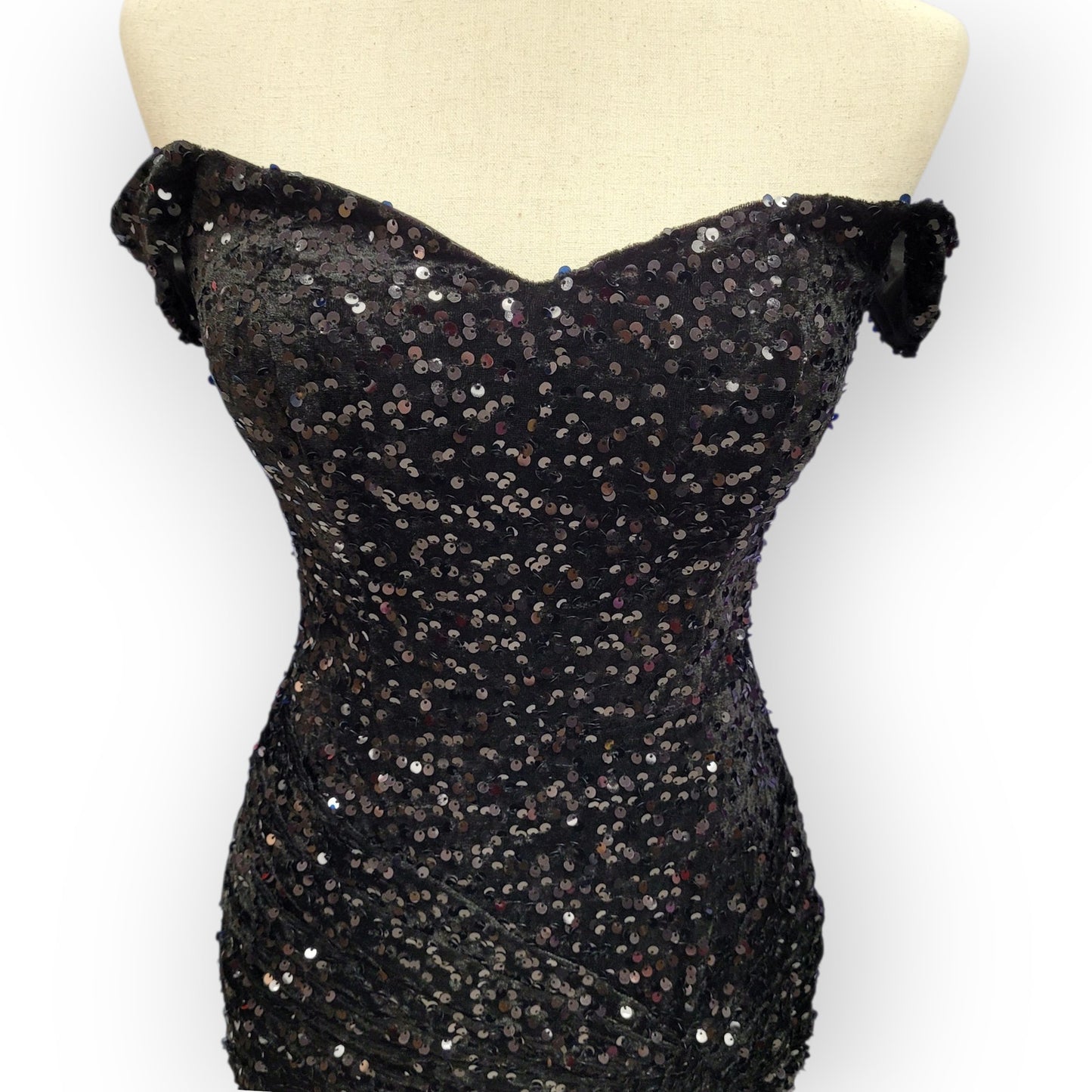 Sultry Off Shoulder Sequin Gown with Corset and Slit