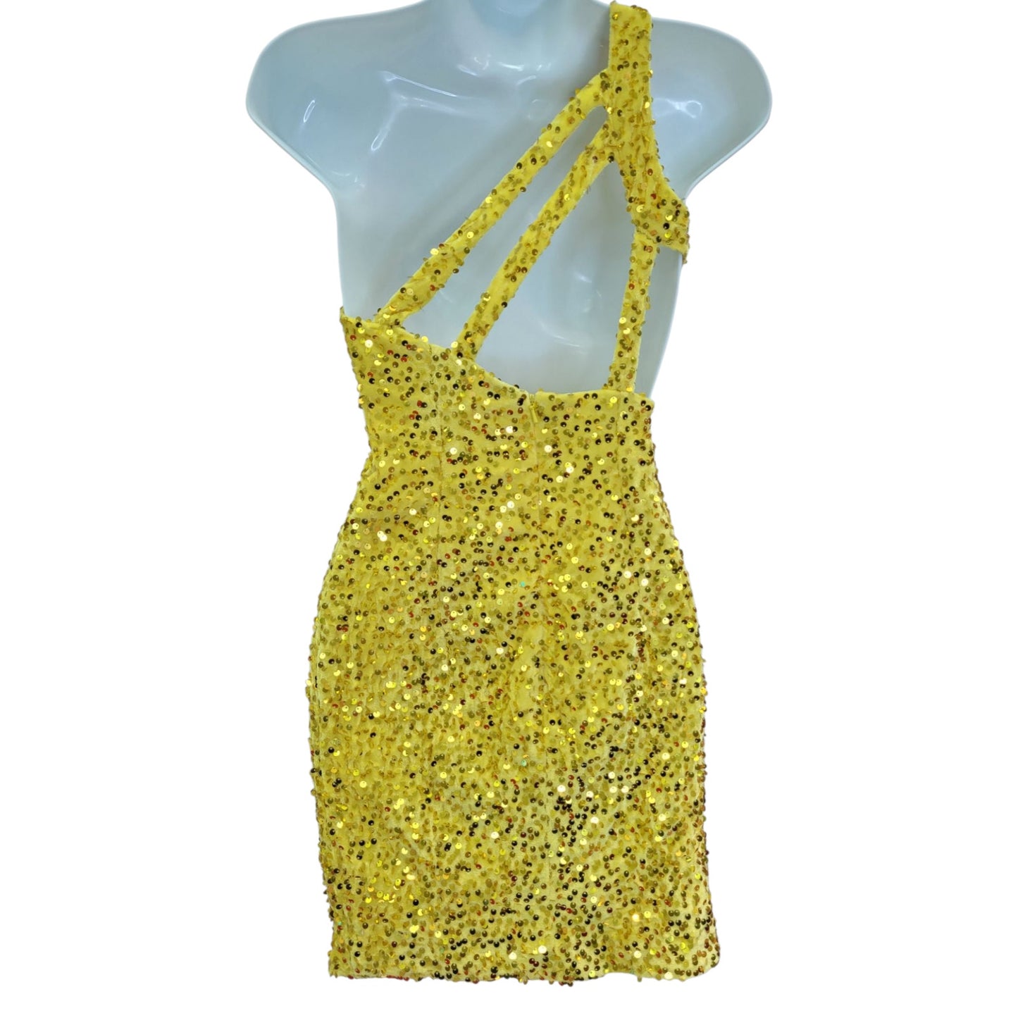 Women's Short One Shoulder Strappy Sequin Dress in Yellow