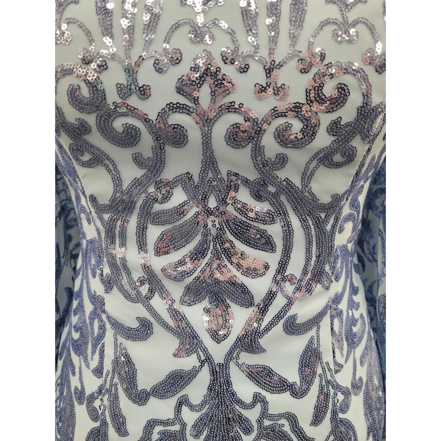 Long Sleeved Patterned Sequin Gown in Light Blue