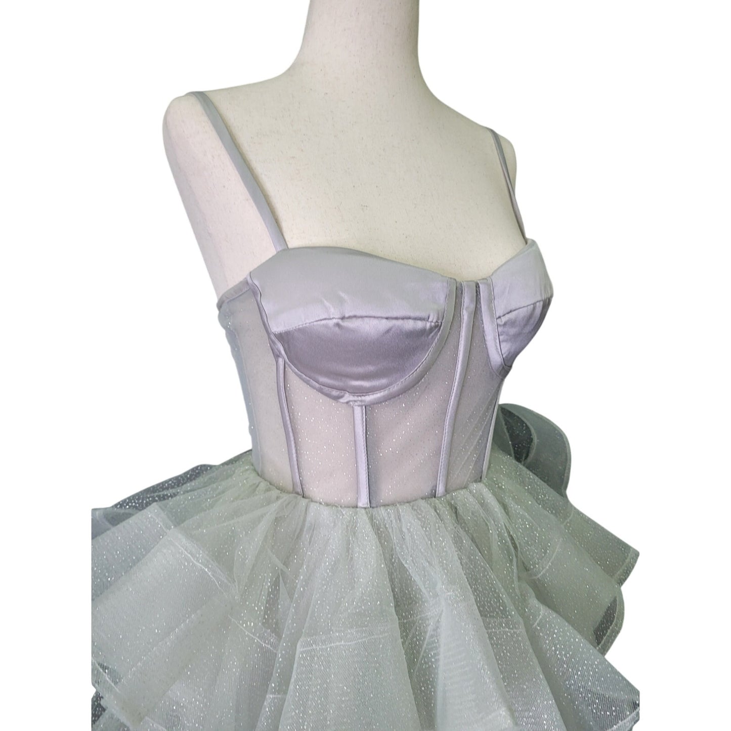Short Cocktail Dress Tulle Skirt Semi-Sheer Bodice Corset Back