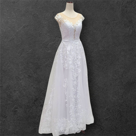 Deep V Neck Wedding Dress with Mesh Lace Cap Sleeves
