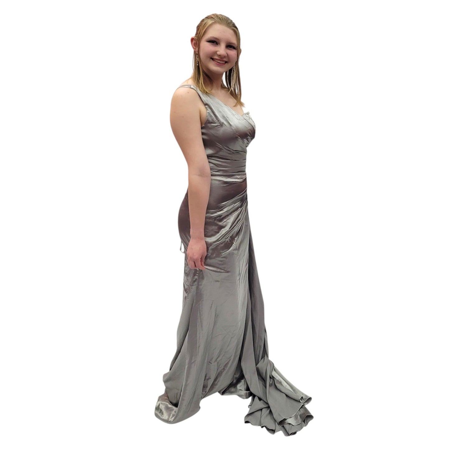 One Shoulder Silky Satin Evening Gown with Full Corset Back and Side Train