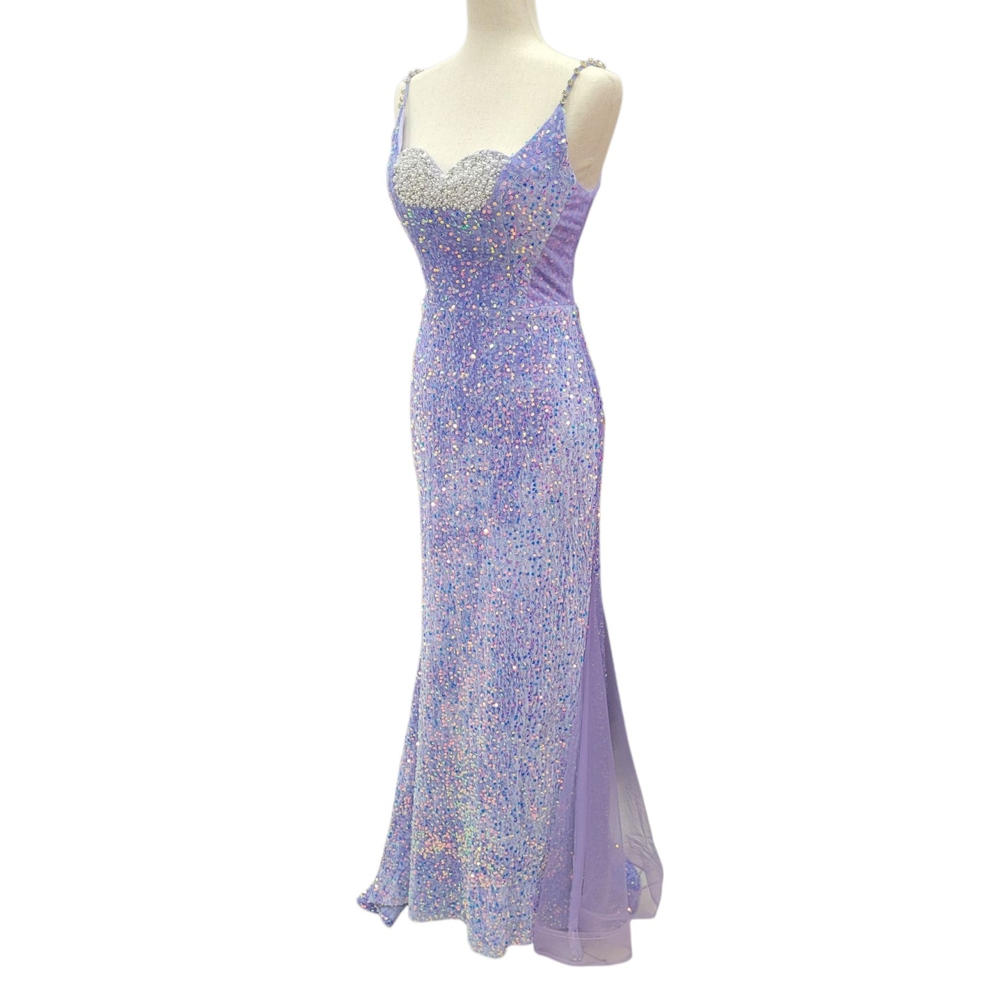 Fitted Iridescent Sequin Gown with Pearl Detail Bust and Tulle Side Train