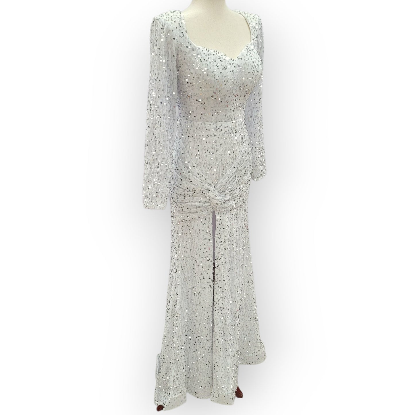 Fitted Long Sleeve Sequin Gown with Leg Slit and Corset Back