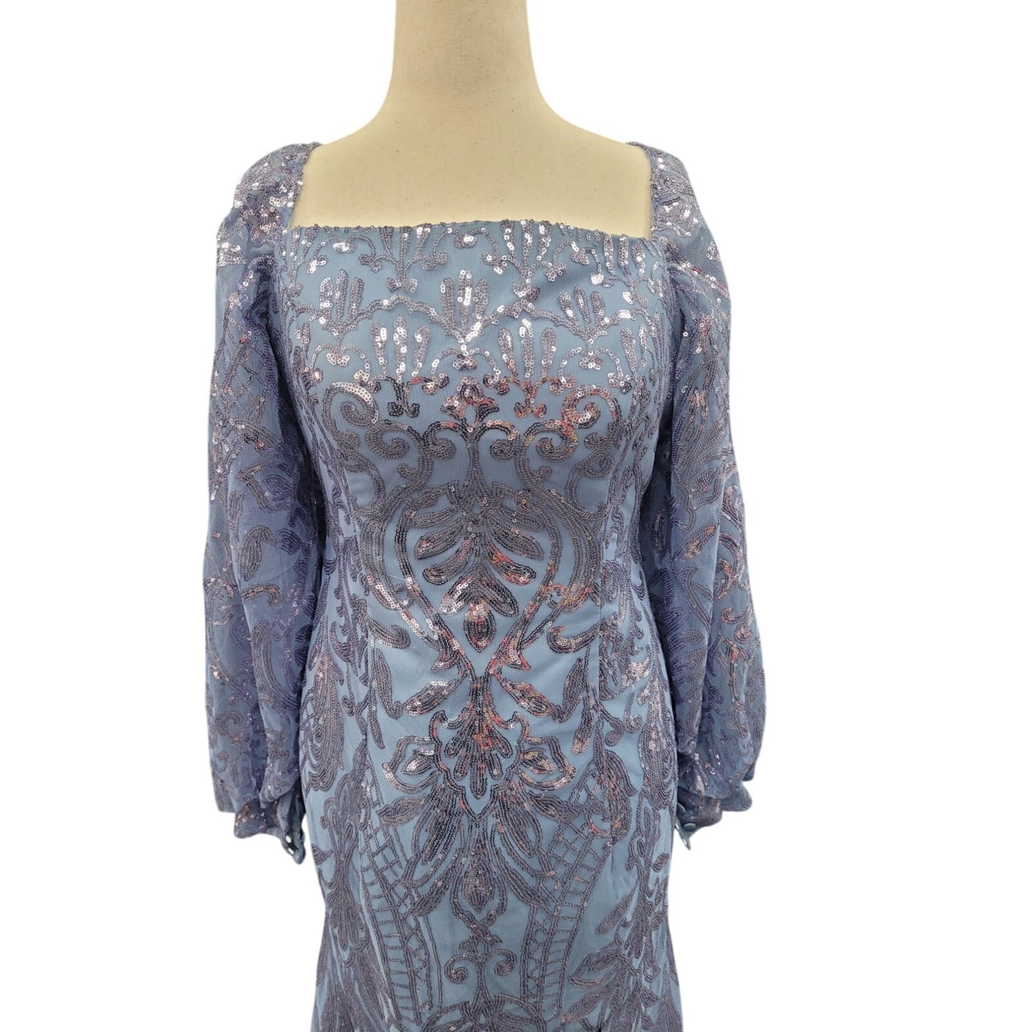 Long Sleeved Patterned Sequin Gown in Blue
