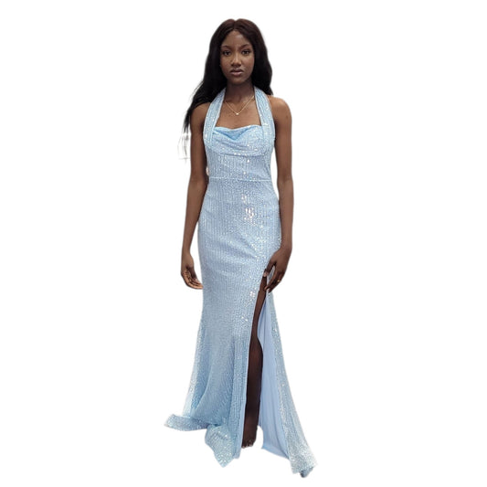 Light Blue Fitted Sequin Gown with Halter Strap