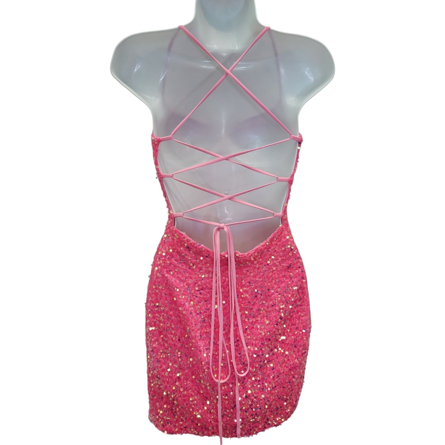 Women's Bubblegum Pink Short Sequin Scoop Neck Corset Back Dress