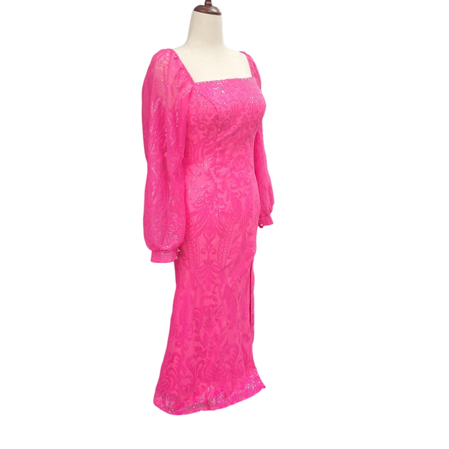 Long Sleeved Patterned Sequin Gown Size 16 Hot Pink