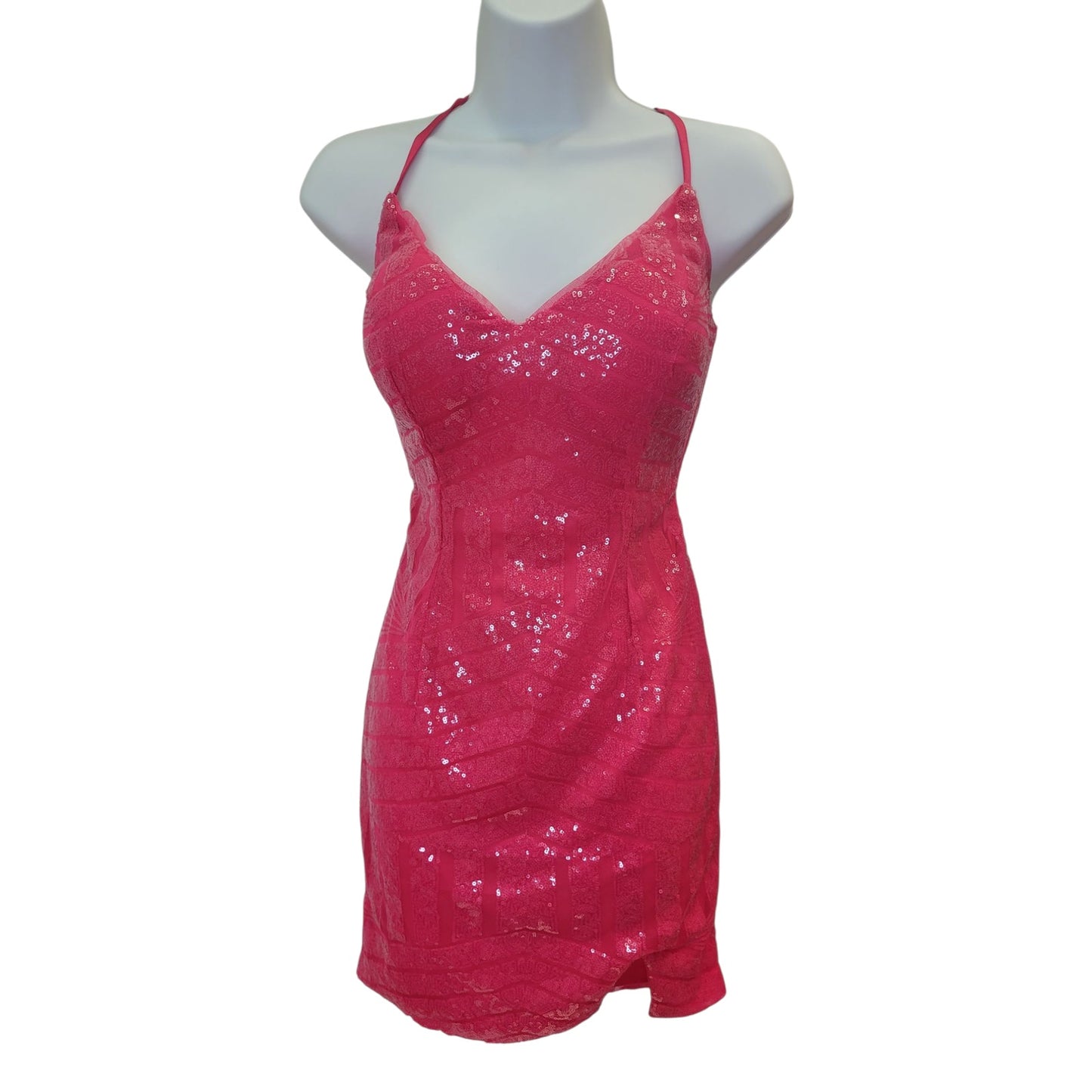 Women's Short Hot Pink Sequin Patterned Dress with Strappy Corset Back
