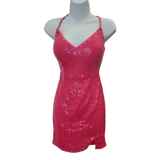 Women's Short Hot Pink Sequin Patterned Dress with Strappy Corset Back