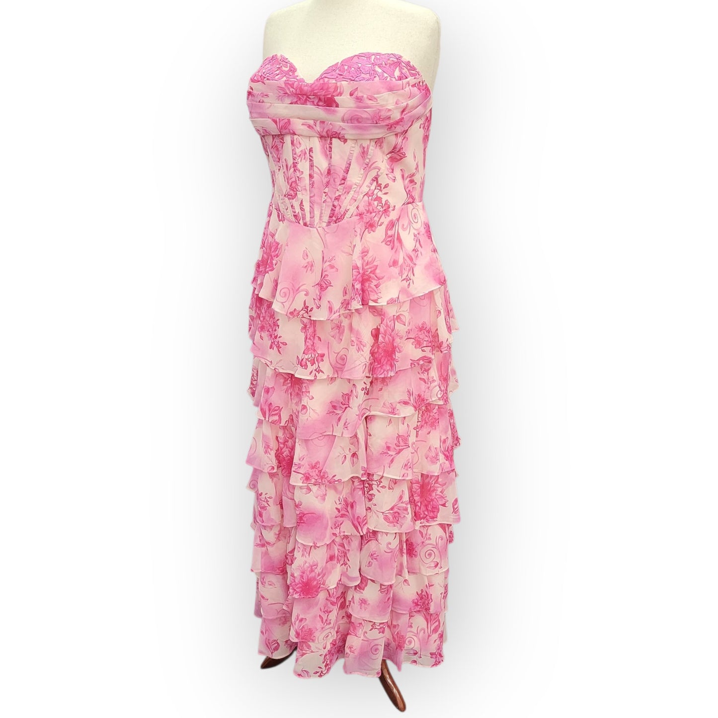Strapless Pink Floral Tiered Dress with Corset Back