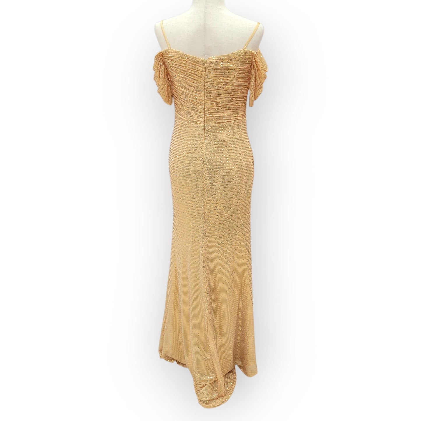 Gold Off-Shoulder Sequin Gown with Ruched Bodice