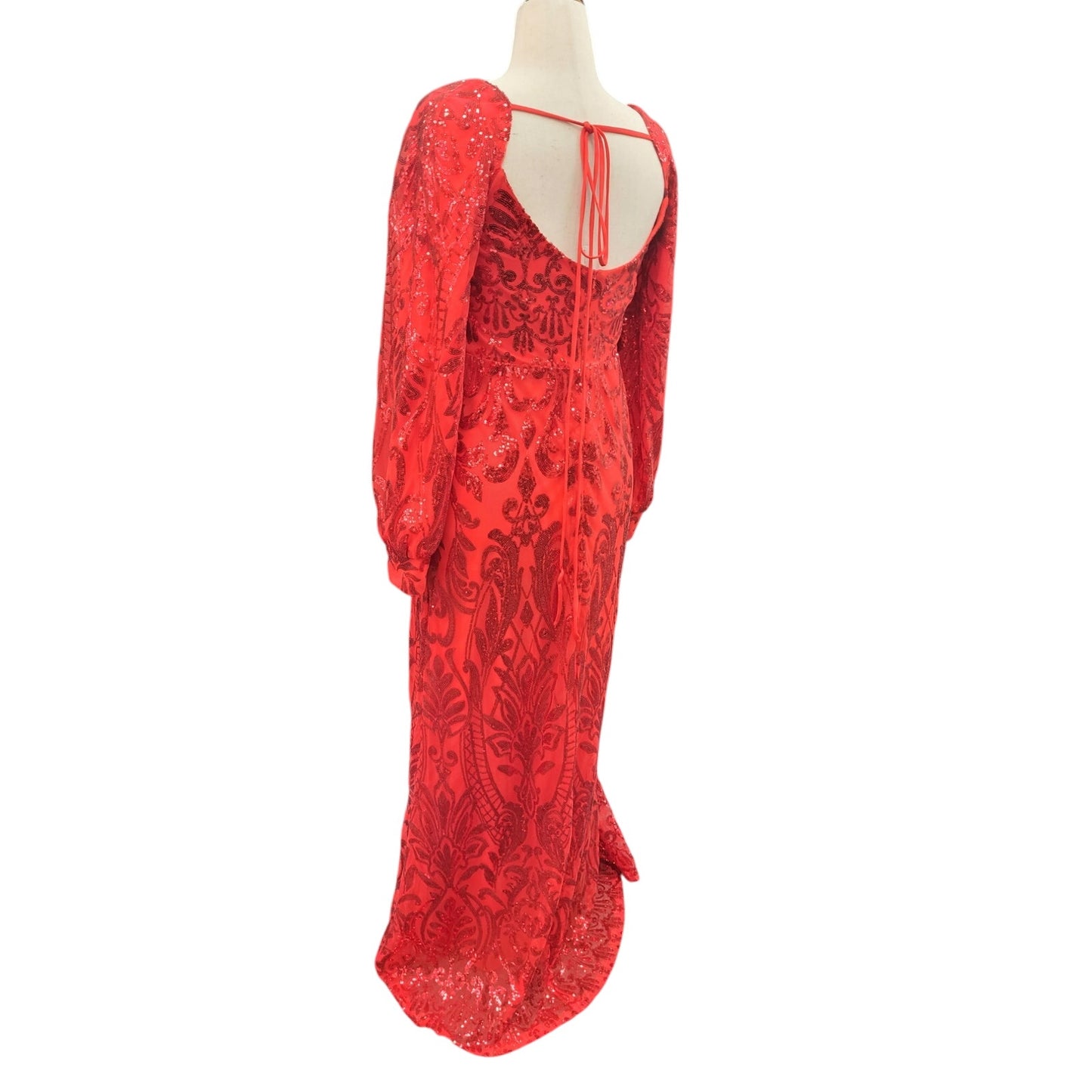 Long Sleeved Patterned Sequin Gown Bright Red Size 12