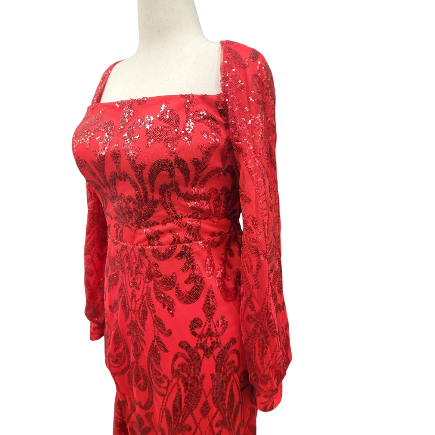 Long Sleeved Patterned Sequin Gown Bright Red Size 12