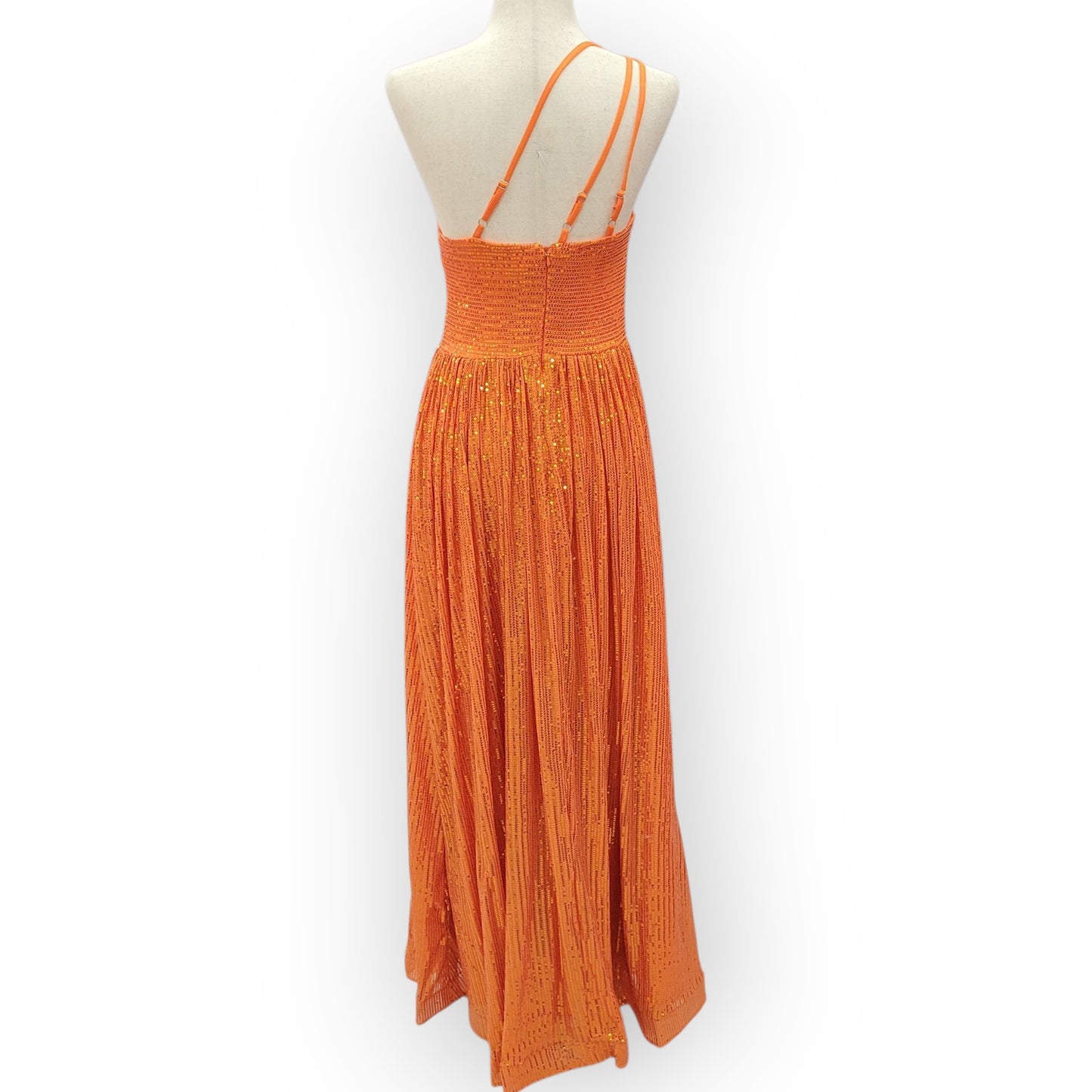 Orange One Shoulder A-Line Gown with Gathered Skirt and Three Straps Across Back