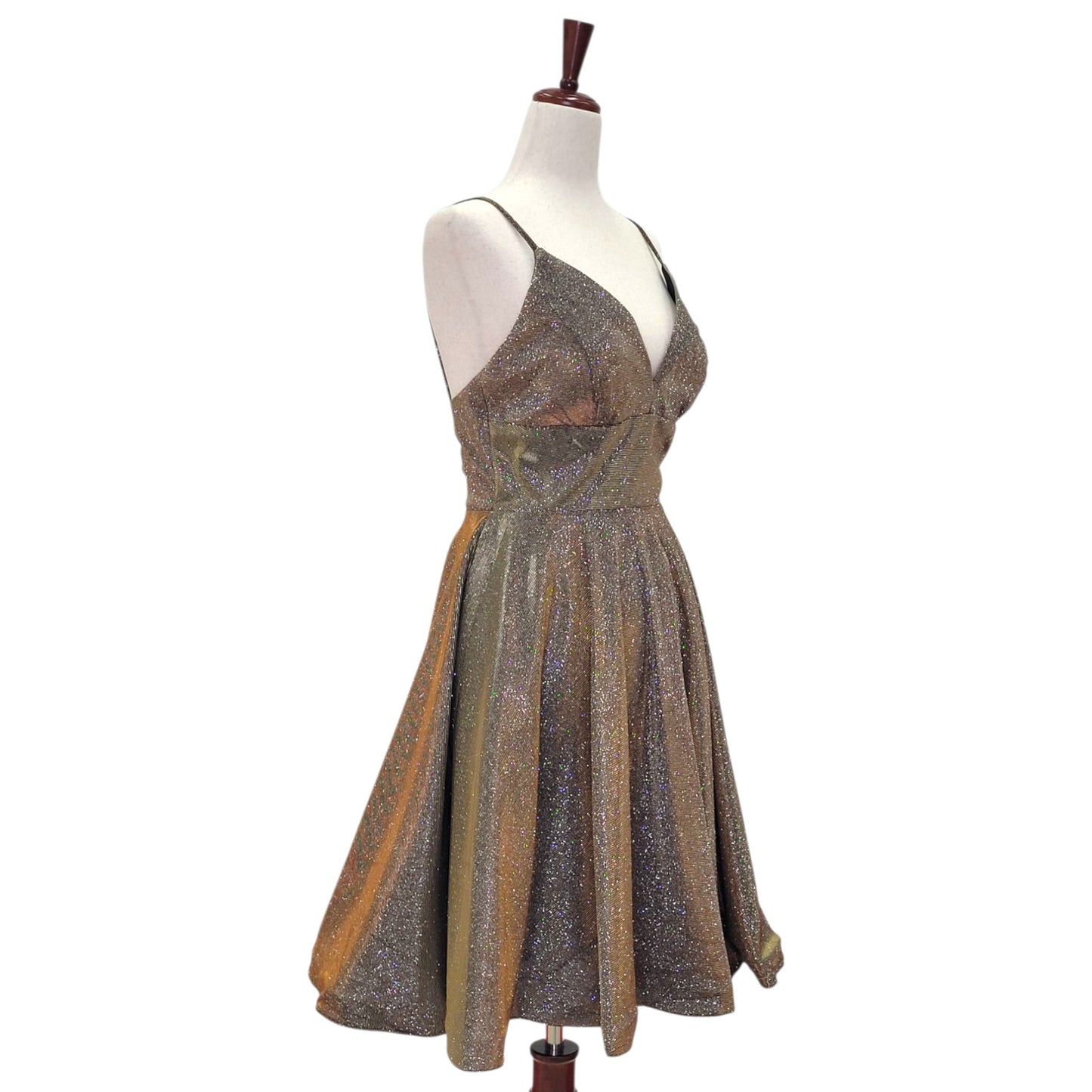 Gold Sparkle Cocktail Dress with V Neck and Low Back