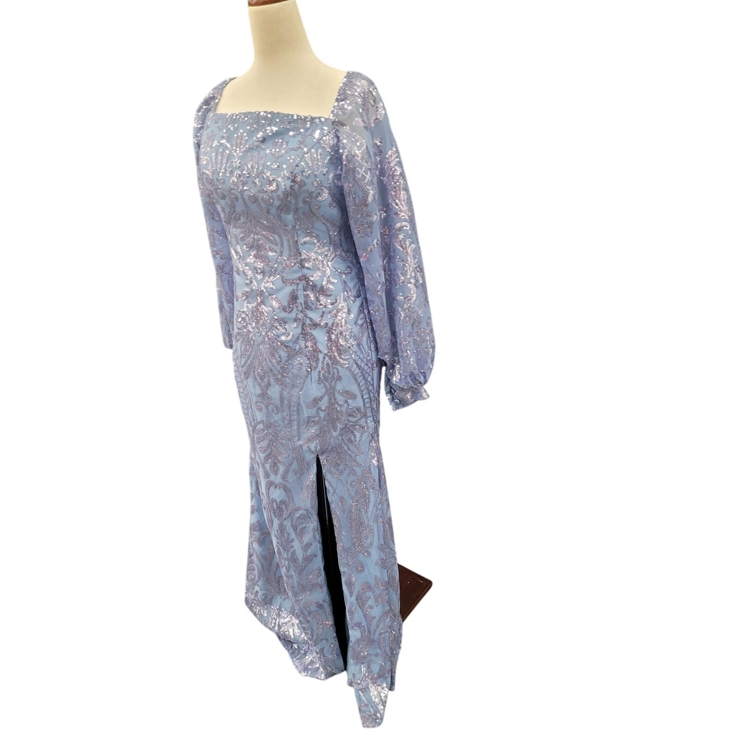 Long Sleeved Patterned Sequin Gown in Blue