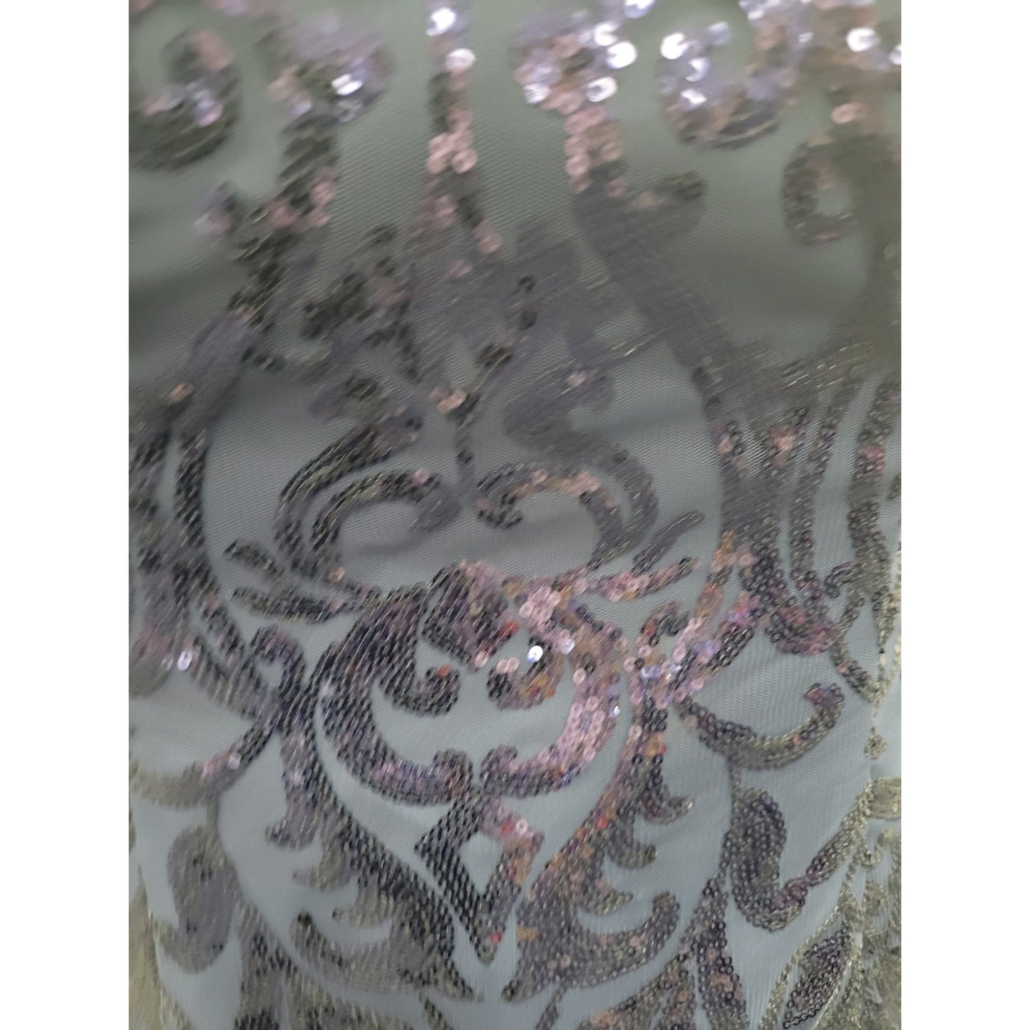 Long Sleeved Patterned Sequin Gown in Navy Blue