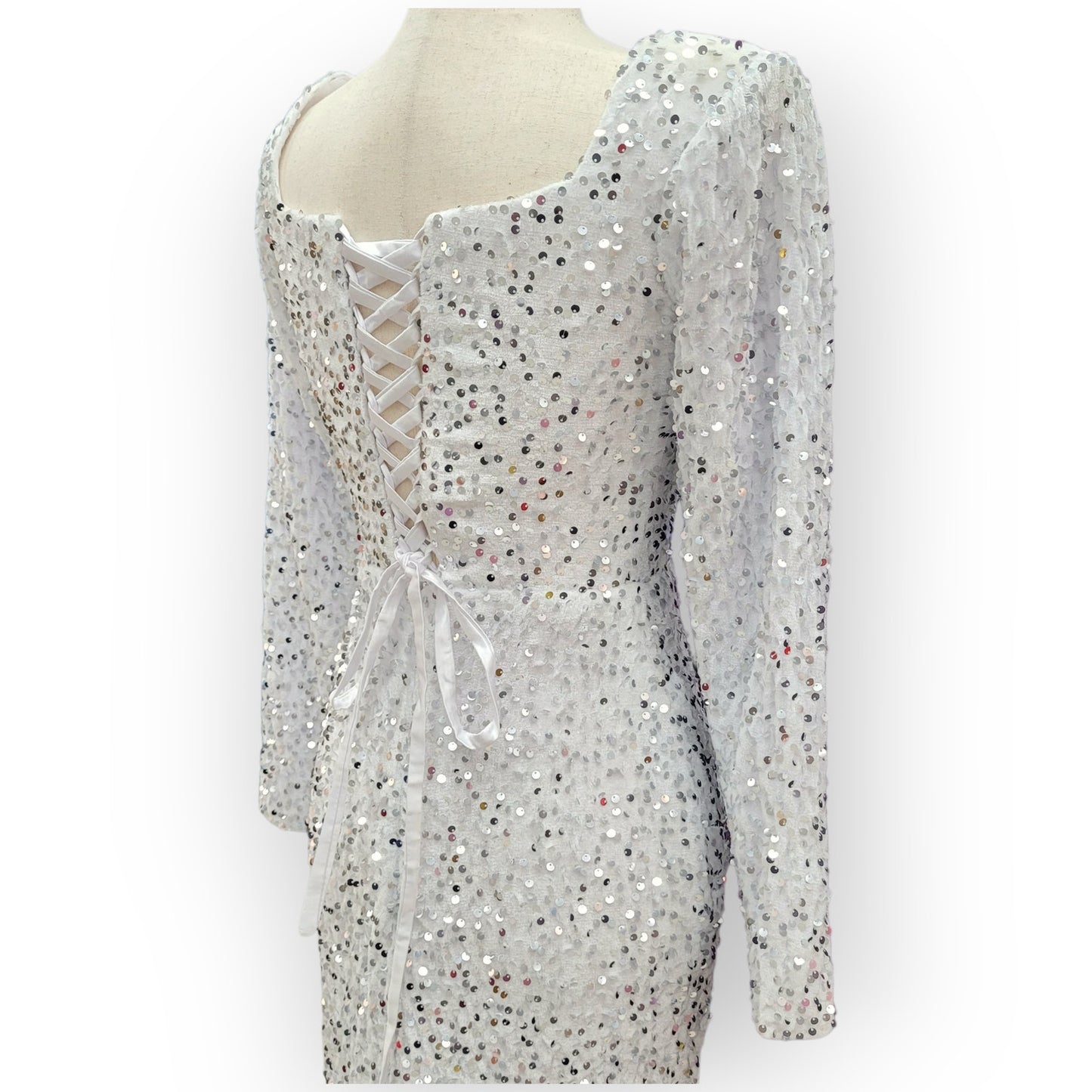 Fitted Long Sleeve Sequin Gown with Leg Slit and Corset Back
