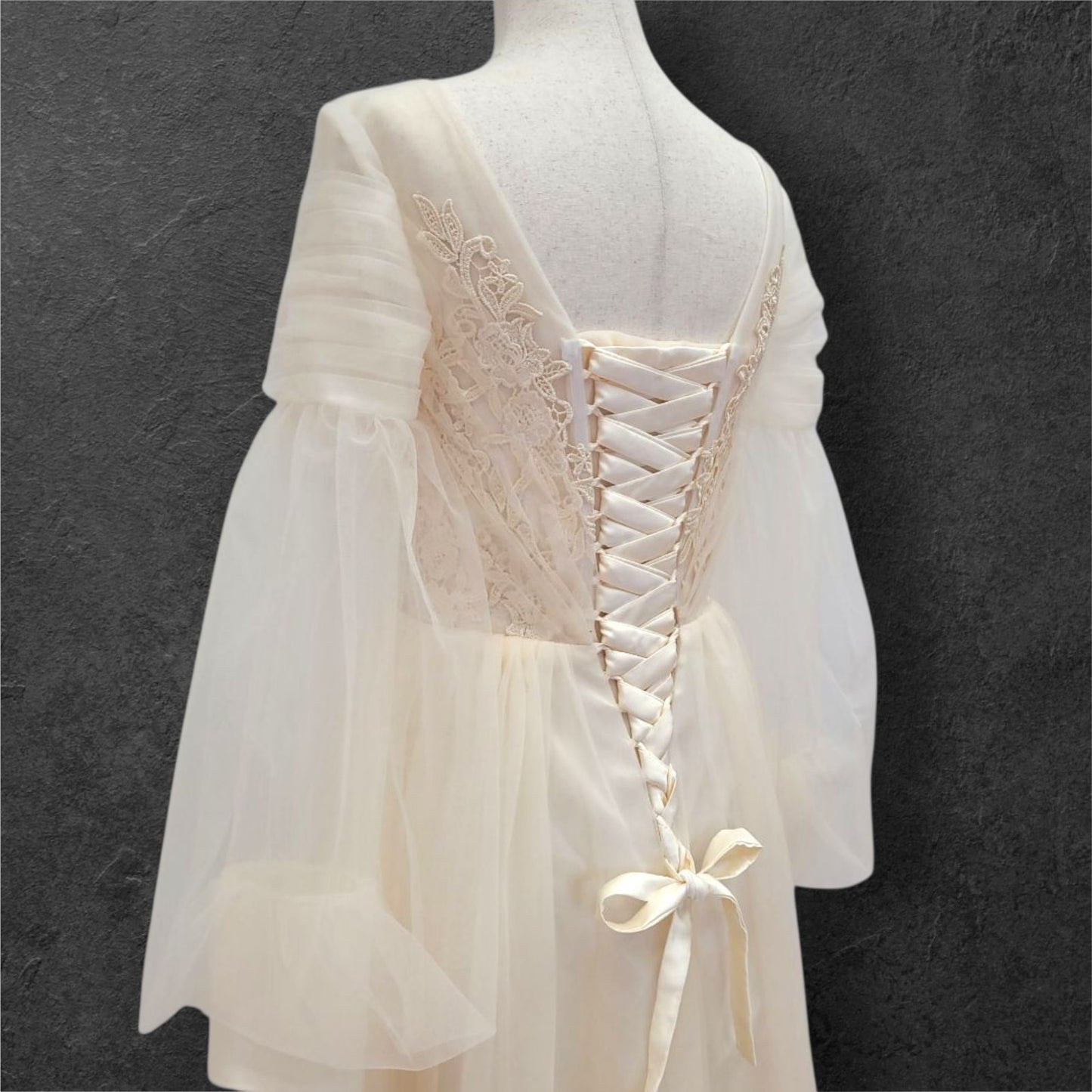 A Line Champagne Wedding Dress with Long Tulle Sleeves and Full Corset