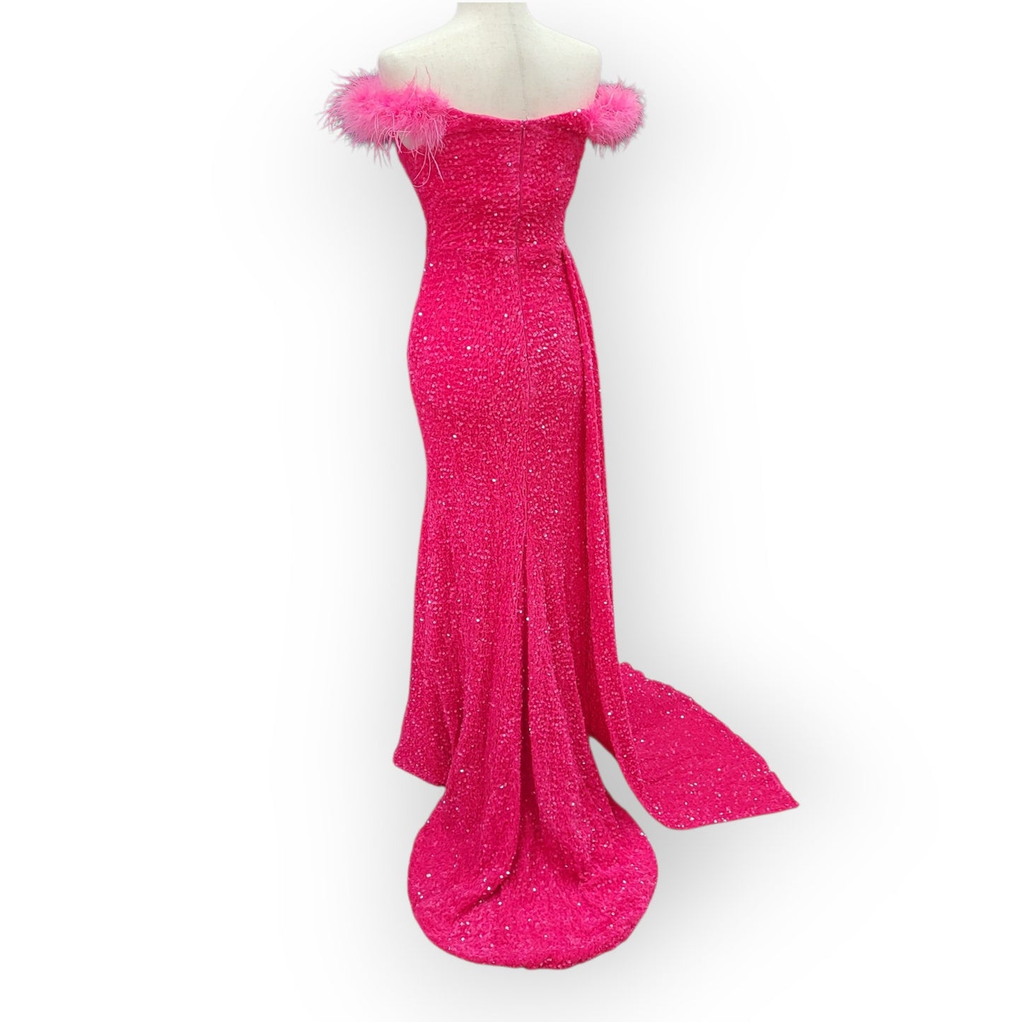 Hot Pink Evening Gown with Feathered Off-Shoulder Straps and Side Train