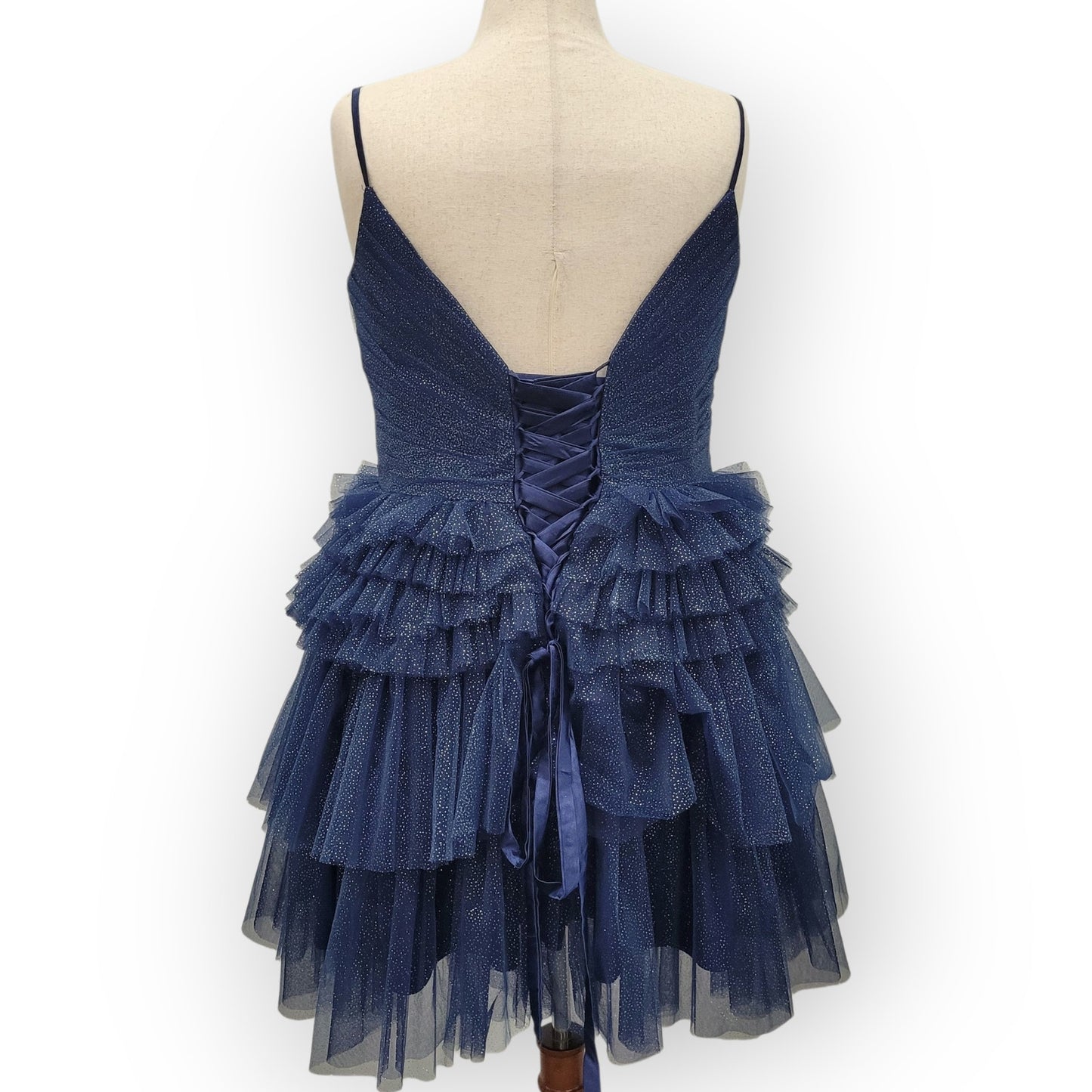 Navy Blue Sparkle Layered Ruffle Cocktail Dress with Corset Back