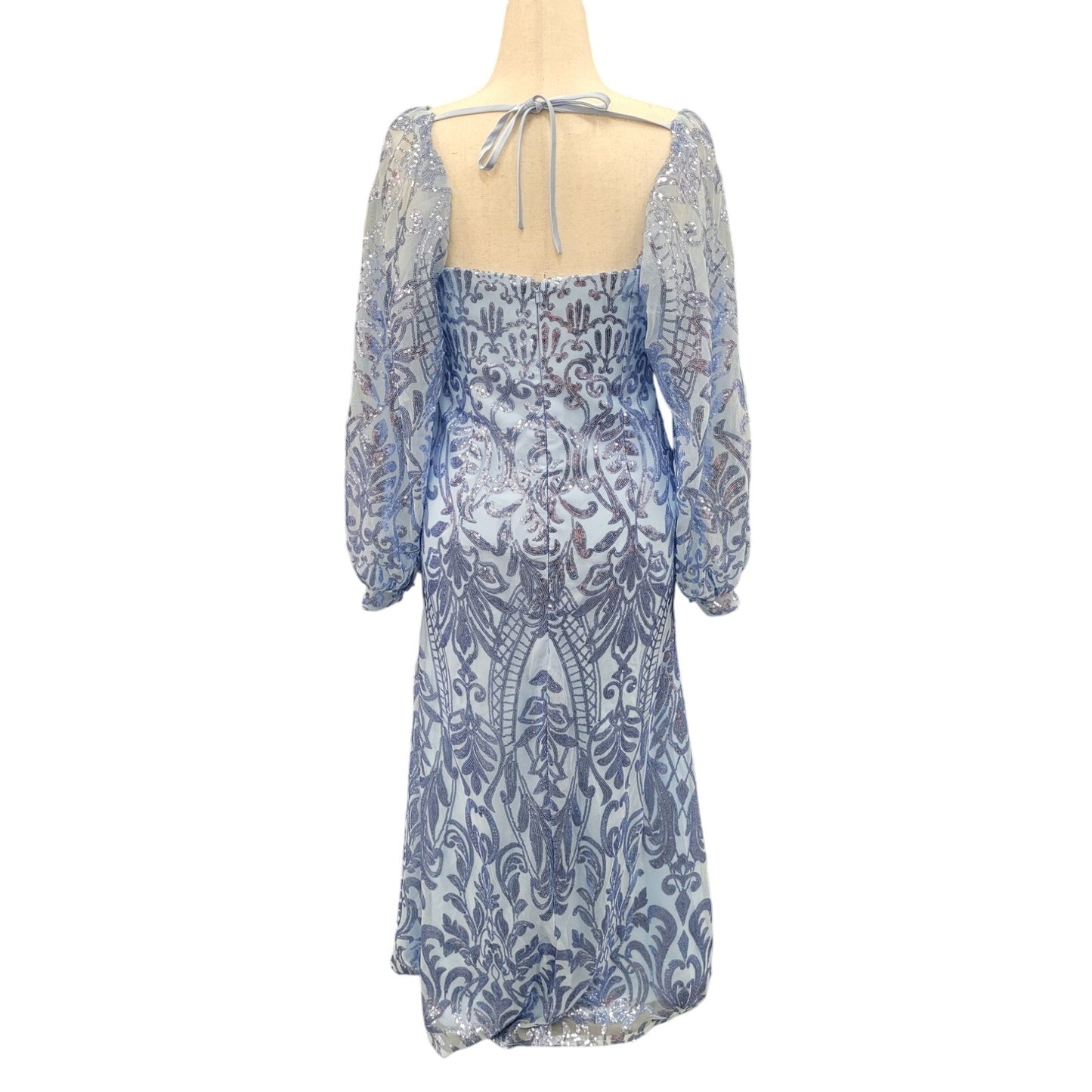 Long Sleeved Patterned Sequin Gown in Light Blue
