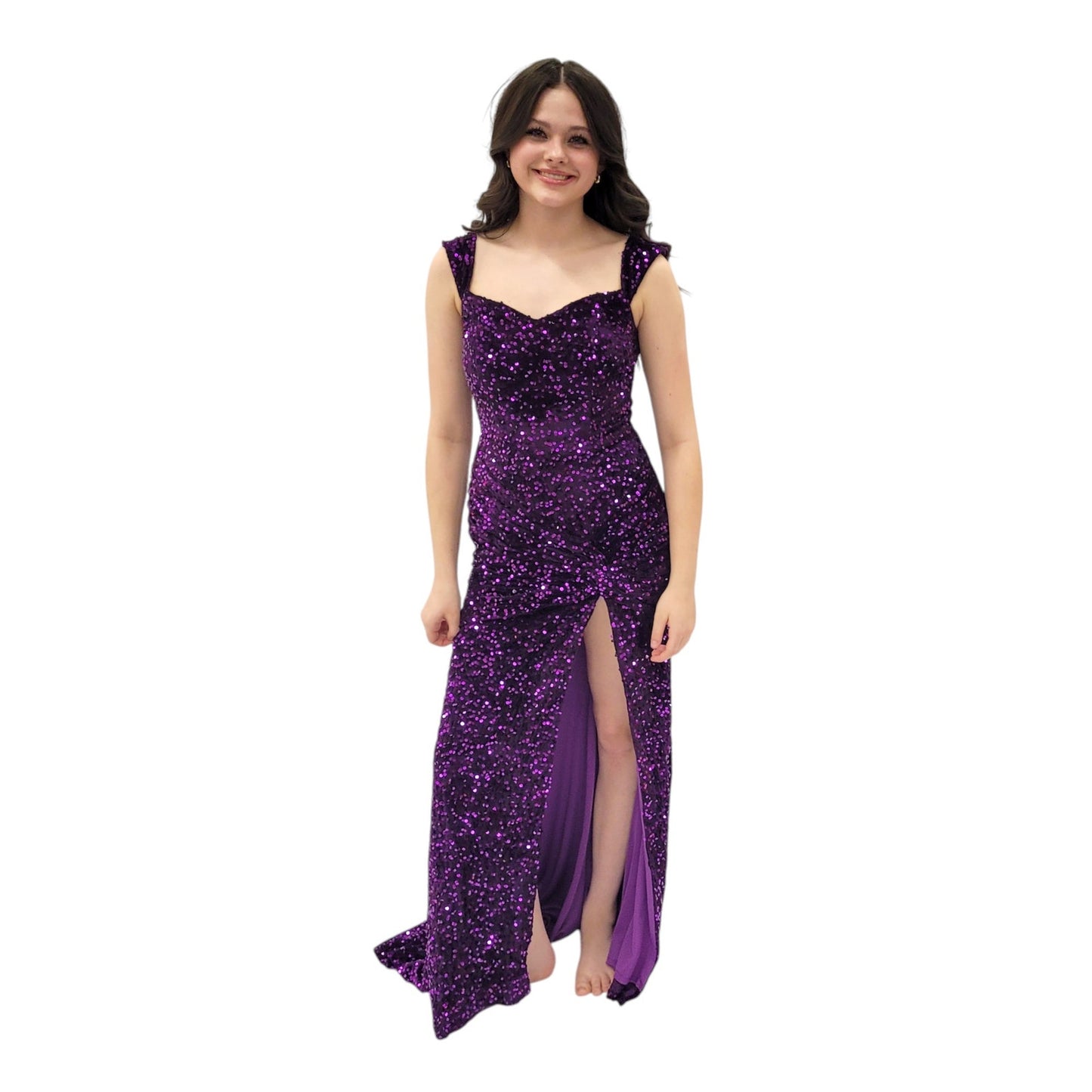 Off Shoulder Sequin Evening Gown with Corset Back on Velvet Fabric