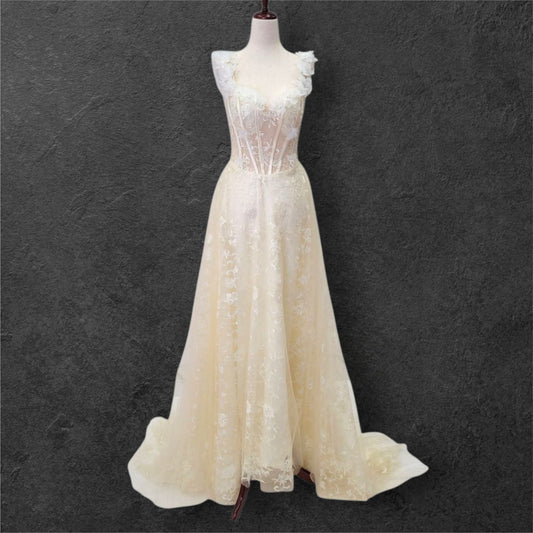 Champagne Floral Patterned Ballgown with White Flowers on Straps