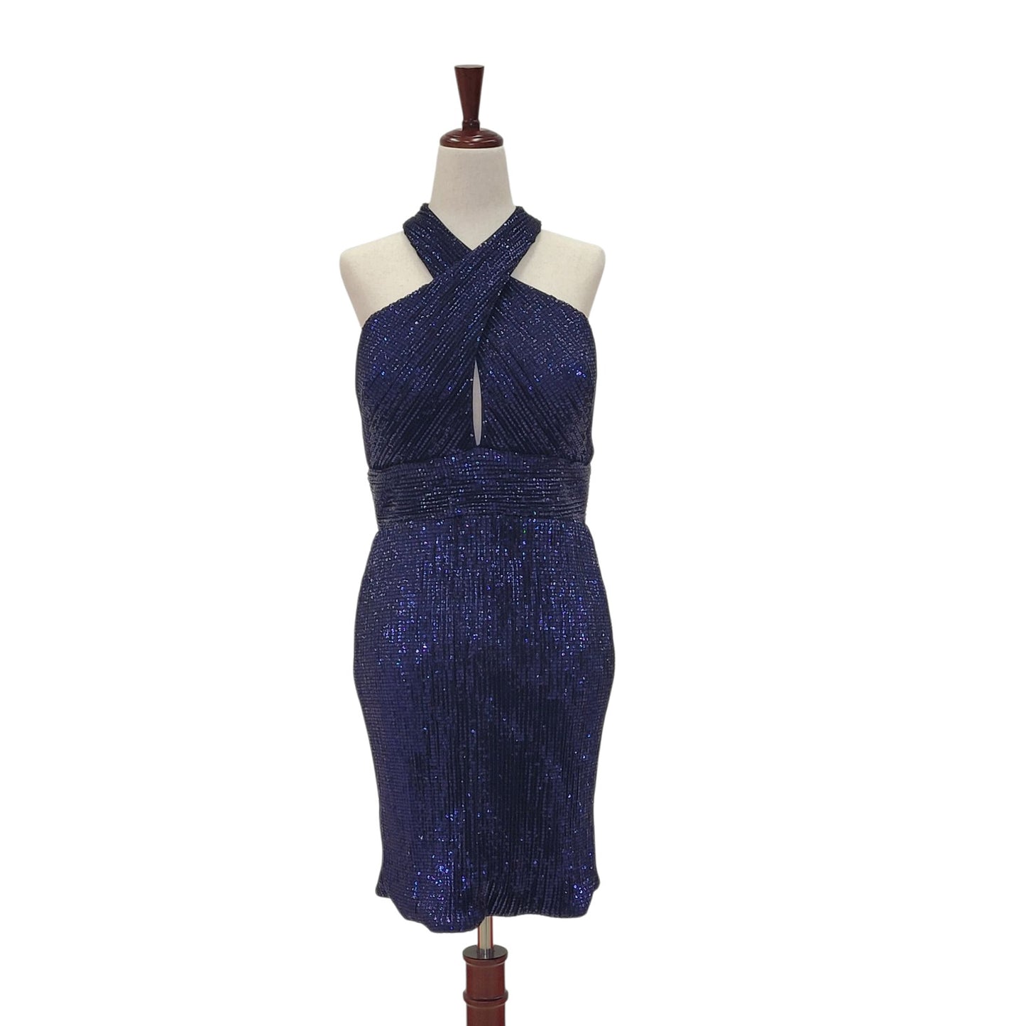 Navy Blue Cross Halter Sequin Cocktail Dress with Peekaboo Cutout
