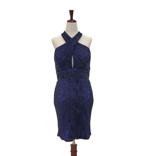 Navy Blue Cross Halter Sequin Cocktail Dress with Peekaboo Cutout