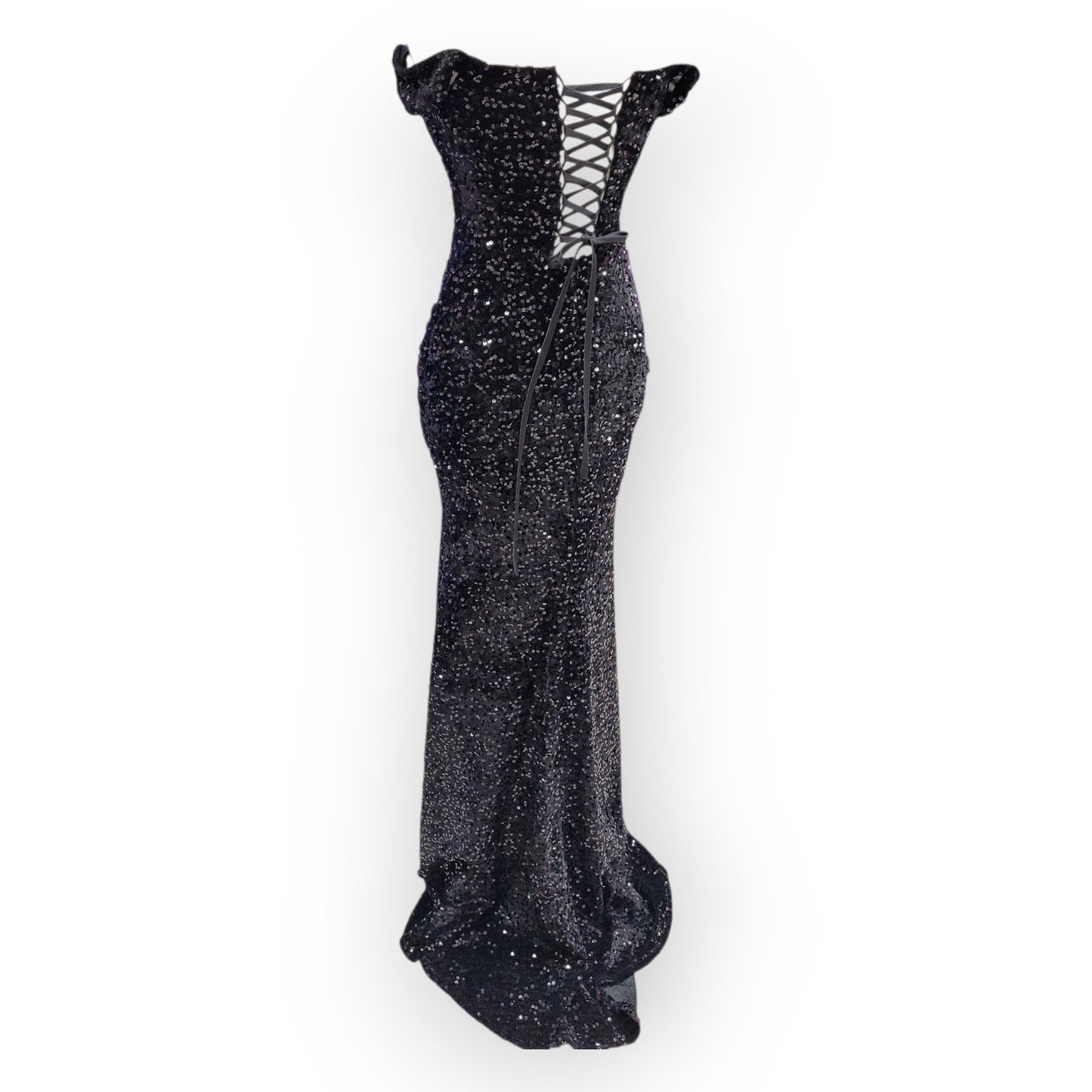 Sultry Off Shoulder Sequin Gown with Corset and Slit